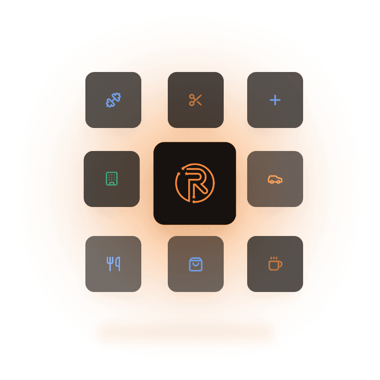 The Review Revolution logo glowing at the centre of eight app tiles for gyms, salons, clinics, hotels, car services, restaurants, shops and cafes